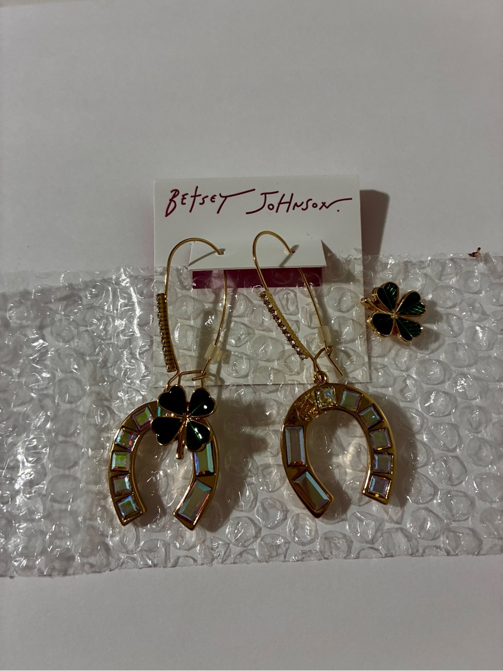 Betsey Johnson Gold-Tone Iridescent Horseshoe Earrings with Green Clover
